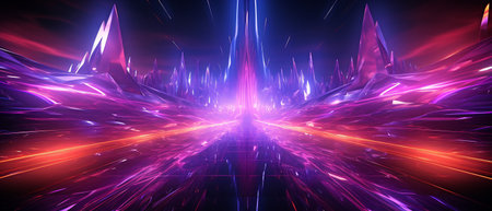 3D render with a tunnel bend and an abstract panoramic background. UV-luminous neon beams and lines that are bright purple pink.の素材