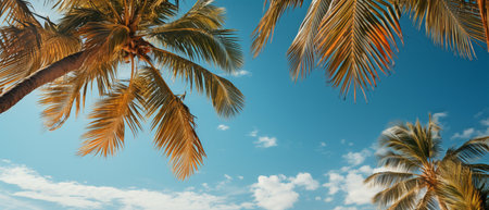 Travel idea with a tropical beach and summer background, a vintage style, and a perspective of the blue sky and palm trees from below.の素材