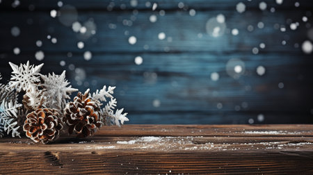 Christmas tree branches with snowman and ornaments on a wooden background. Background of the winter vacations.の素材