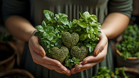 Two female hands forming a heart shape out of vegetation or a garden.の素材