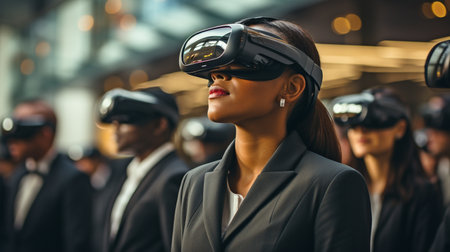 A curious businesswoman wearing virtual reality goggles.の素材
