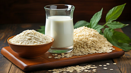 A blue backdrop with a glass and cup filled with oat milk. Granola and oats with flakes and ears on a wooden platter.の素材