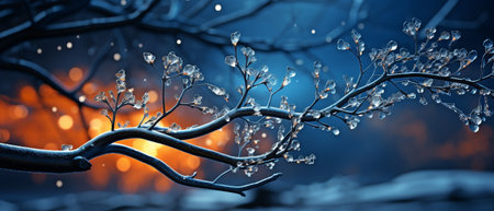 Artificial intelligence-generated snowflakes twinkle on frozen tree limbs on a wintry night.の素材