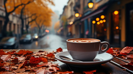 coffee cup on a cafÃ© table, overlooking a street with automobiles and changing leaves.の素材