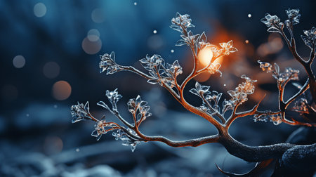 Artificial intelligence-generated snowflakes twinkle on frozen tree limbs on a wintry night.の素材