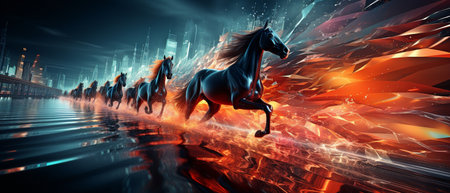 Neon light speed line, neon light horses galloping across a futuristic technological landscape.の素材
