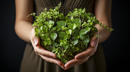 Two female hands forming a heart shape out of vegetation or a garden.の素材