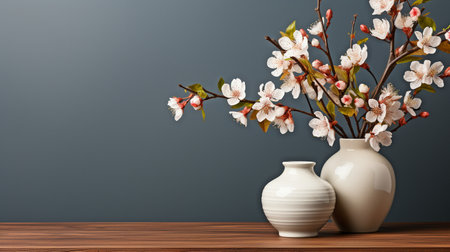 A blossoming branch in a ceramic vase rests on a wooden table next to a copy space and a beige stucco wall. Background of living room inside of home.の素材