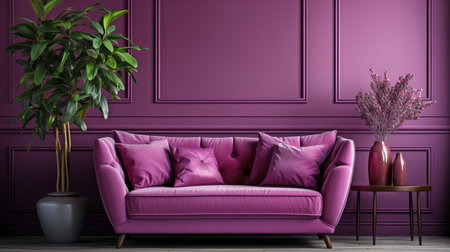 Inside, a deep purple or fuchsia color. Wall mokup and armchair for art. The room's dÃ©cor is rich and bright. 3D illustrationの素材