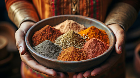hands cradling a spice-filled pottery bowl. Arabic or traditional Asian markets.の素材