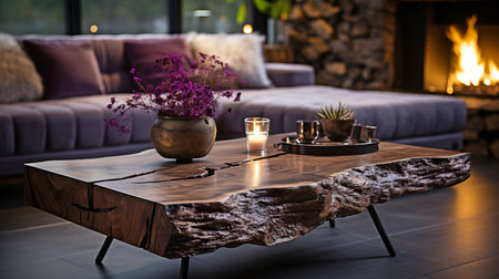 Close-up of a coffee table with a living edge near a sofa. Modern living room interior design with a minimalist theme.の素材