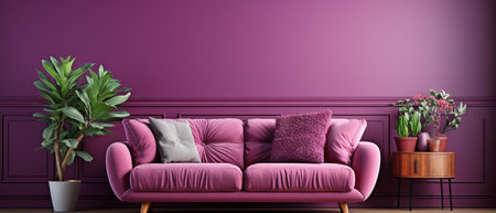 Inside, a deep purple or fuchsia color. Wall mokup and armchair for art. The room's dÃ©cor is rich and bright. 3D illustrationの素材