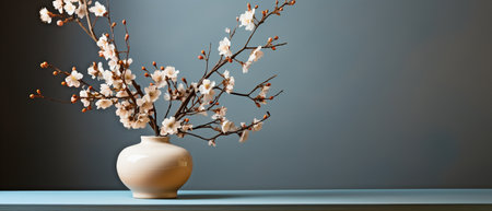 A blossoming branch in a ceramic vase rests on a wooden table next to a copy space and a beige stucco wall. Background of living room inside of home.の素材