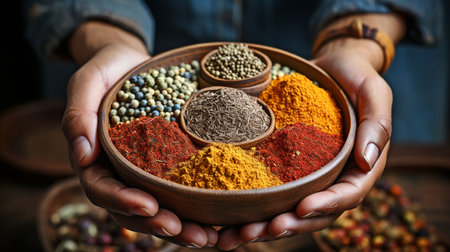 hands cradling a spice-filled pottery bowl. Arabic or traditional Asian markets.の素材