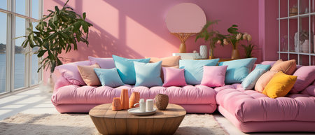 contemporary decor. vibrant, feminine, pastel living room with a comfortable pink couch, pastel cushions, and vibrant wall paintings.の素材