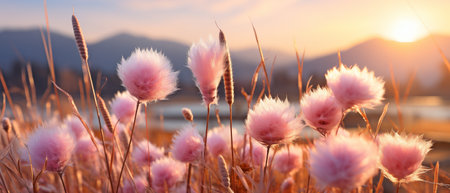 romantic pink color scheme with a sunset and grass flower vista in nature.の素材