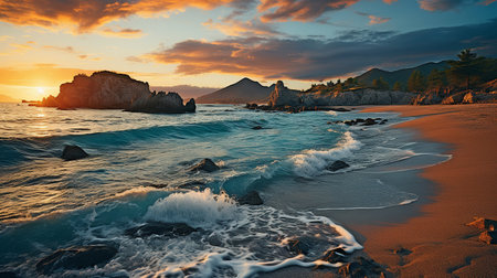 At sunrise or sunset, stunning clouds may be seen over the cliffs and rocks at Indrayanti Beach in Yogyakarta, Gunung Kidul, Indonesia.の素材