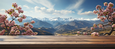 The countryside in spring or summer. wooded terrace surrounded by blossoming trees and mountains.の素材