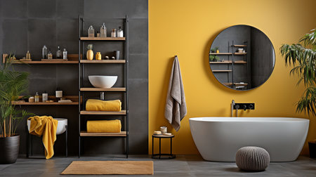 modern bathroom decor featuring a yellow wall.の素材