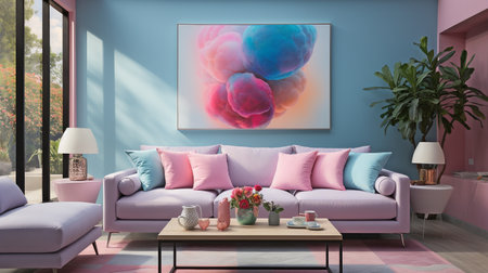 contemporary decor. vibrant, feminine, pastel living room with a comfortable pink couch, pastel cushions, and vibrant wall paintings.の素材