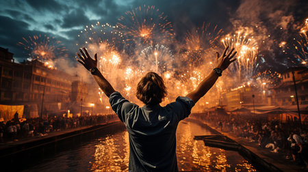 fireworks across the city and a silhouette of a guy waving both arms in the air.の素材