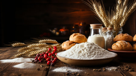 Baking ingredients in the kitchen on the wooden table. Concept of cooking.の素材