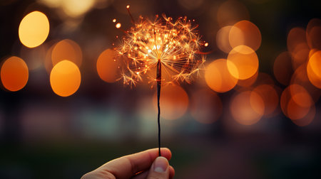 A female hand holding a sparkler against a blurry backdrop of nature.の素材