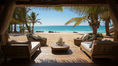 Gorgeous view from the wooden water villa in Punta Cana toward the lush beachの素材