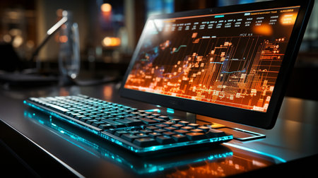 Computer keyboard with illuminated charts, idea for digital marketingの素材
