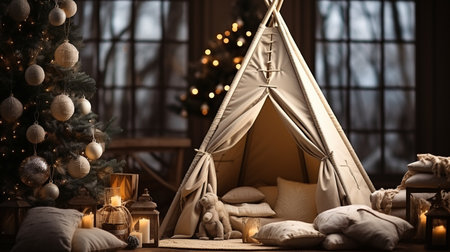 Children's Christmas Location. A Beige Wigwam decked out for the holidays. A rustic-style photo zone for kids.の素材