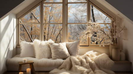 A comfortable spot to relax with plush pillows and fuzzy rugs beside the window.の素材