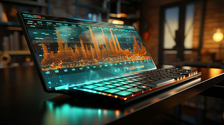 Computer keyboard with illuminated charts, idea for digital marketingの素材