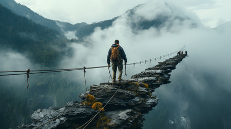 A mountaintop. Under an overcast sky, a guy strolls along a stretched sling. The line is Highline. The ropewalker finds equilibrium. Harmony.の素材