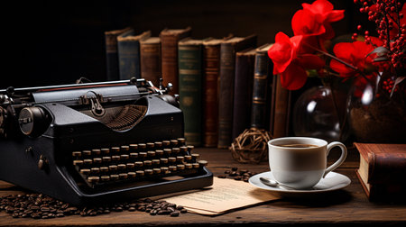 Artificial intelligence-generated love letter being typewritten on a rustic desk while sipping delicious coffee.の素材