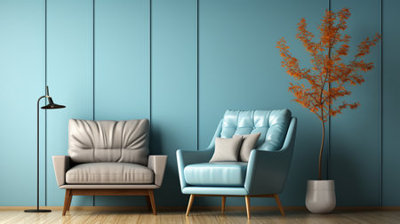 Inside of a contemporary living room with a blue recliner. illustration produced in three dimensionsの素材