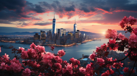 New York City's Manhattan Skyline at dusk, featuring the One World Trade Center skyscraperの素材