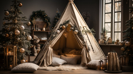 Children's Christmas Location. A Beige Wigwam decked out for the holidays. A rustic-style photo zone for kids.の素材