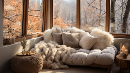 A comfortable spot to relax with plush pillows and fuzzy rugs beside the window.の素材