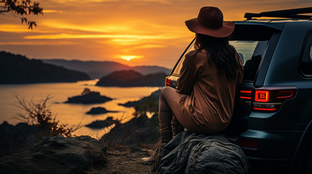 A woman sitting on the top of her car, taking in the stunning view of the ocean at sunset. Enjoying nature and driving about in safety are concepts.の素材