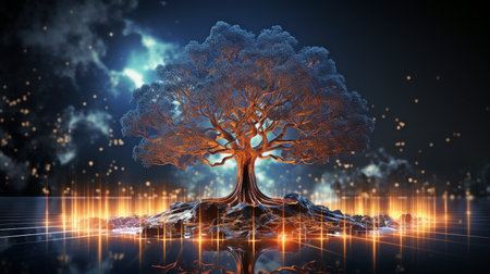 On a dark backdrop, an abstract technological tree with luminous lines and dotsの素材