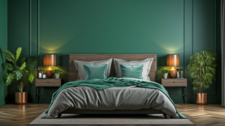 3D model of a home interior mock-up background including a dark green bedroom with a potted palmの素材