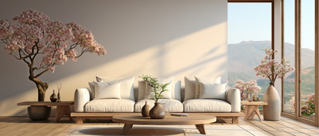 Japanese white sofa with tatami mat flooring and a tropical Japanese design in a 3D rendered room.の素材