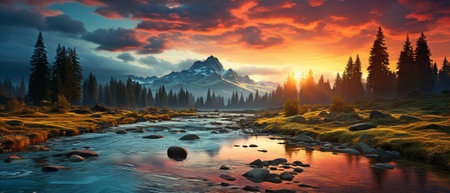 magnificent sunset between the mountains. Europe, Ukraine, Carpathians.の素材