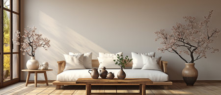 Japanese white sofa with tatami mat flooring and a tropical Japanese design in a 3D rendered room.の素材