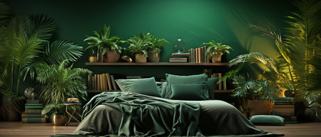 3D model of a home interior mock-up background including a dark green bedroom with a potted palmの素材