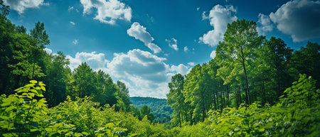 Blue sky background, green tree tops, and trees in the forest from belowの素材