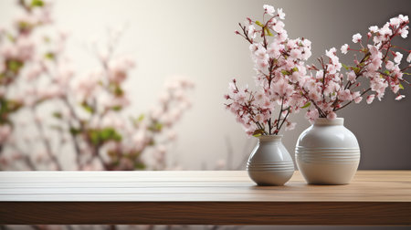 A wooden table with ample room for your dÃ©cor. Large white springtime window. topped with fresh flowers.の素材