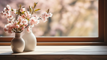 A wooden table with ample room for your dÃ©cor. Large white springtime window. topped with fresh flowers.の素材