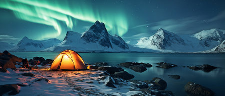 One person at Skagsanden Beach in the Lofoten Islands, Norway, seeing the northern lights (aurora borealis) above a mountain.の素材