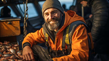 fisherman in a fishing boat with a fish box.の素材